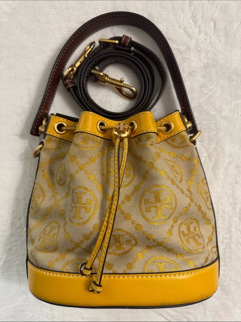 Tory Burch Yellow Logo Jacquard Drawstring Mini Bucket Bag